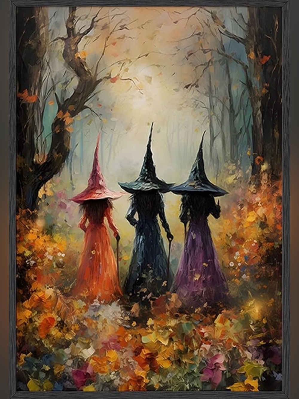 Mystical Autumn Witches Canvas Art Print - Orange, Blue, Purple